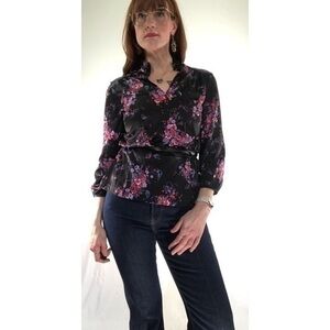 70’s Vintage Black Bright Floral High Neck Top